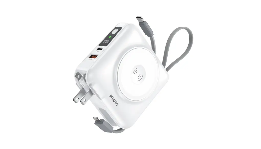 Philips(フィリップス) モバイルバッテリー コンセント一体型 15000mAh 大容量 Apple Watch対応 MagSafe マグネット式 ワイヤレス充電 アップルウォッチ 2.5W 急速充電 PD 45W出力 ACアダプター usb-c & lightningケーブル内蔵/パススルー機能/プラグ変換可能 PSE認証済 ホワイト DLP4351CW