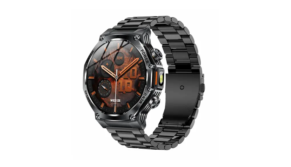 2025 新登場 アウトドアスポーツ多機能スマートウォッチ通話機能付き,1.80インチAMOLED全金属大サイズ腕時計，懐中電灯,センサー機能，Bluetooth5.2,smart watch,軍用規格,防塵防水,耐衝撃,音楽制御,音楽再生,電卓,Line通知,着信表示,iphone&コンパチブル対応,贈り物,日本語対応,日本語説明書付き (黒鋼)