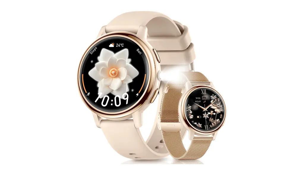 スマートウォッチ レディース 【2025新型 LED懐中電灯 2種ベルト付き】 丸型 小さめ 1.26インチAMOLED Smart Watch 軽量 女性 Bluetooth5.3通話機能付き LINE/メッセージ通知 100種類運動モード 音楽 カメラ制御 文字盤自由設定 iphone アンドロイド対応 日本語説明書付き