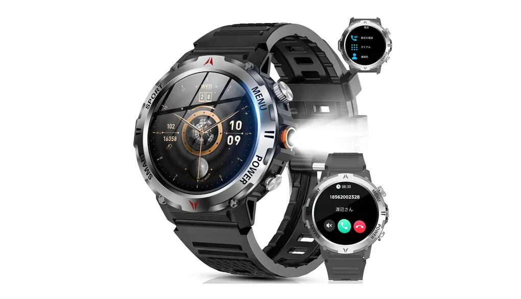 スマートウォッチ【2025業界新登場 軍用規格 懐中電灯】Bluetooth5.3通話 LINE/メッセージ通知 IP68防塵防水100＋運動モード GPS運動記録 長持ちバッテリー DIY文字盤 スポーツウォッチ 腕時計 歩数計 音楽制御 天気予報 アラーム ストップウォッチ 音声アシスタント iPhone/アンドロイド対応 (ブラック)