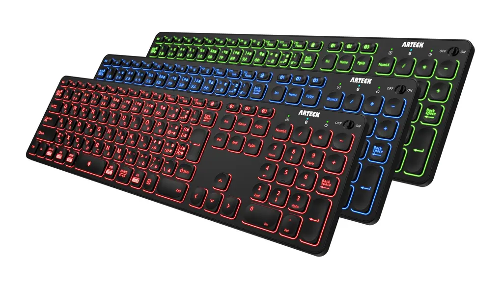 Arteck 7色バックライト搭載 輝度調整可能 複数デバイス 無線 Bluetooth フルサイズ キーボード Windows、iOS、iPad OS、Android、コンピューター、デスクトップ、ラップトップ、Surface、タブレット、スマホとの交換性あり