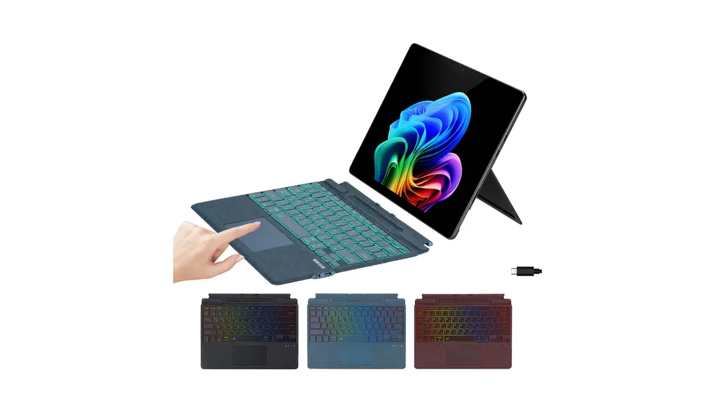 【超繊維レザー・超軽量・超薄型】Aulaiiex Surface Pro キーボード Surface Pro 11/10/9/8/X 日本語配列キーボード、 Bluetooth 無線接続、パームリジェクション付きタッチパッド、タッチペン収納、Type-C 充電、7色バックライト搭載、Microsoft Surface Pro 13インチ用、ブルー