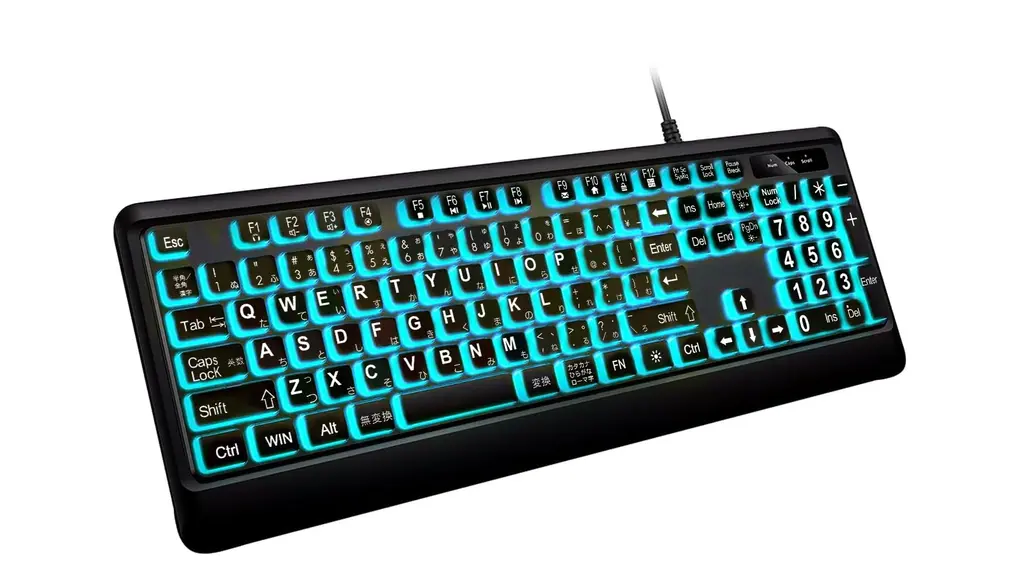 大きめの文字のバックライト付きキーボード、静かなUSB有線コンピューターキーボード、光るホワイトLED付きフルサイズキーボード Windowsデスクトップ、ノートパソコン、PC、ゲームに対応、ブラック (ブラック, 特大)