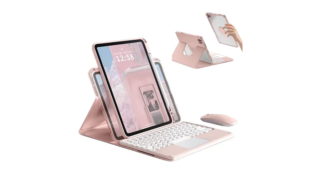マウス付き iPad 第10/11世代 2025/2022 キーボードケース タッチパッド搭載 360度回転 磁気吸着 取り外し 背面クリア 透明カバー ペン収納 ピンク