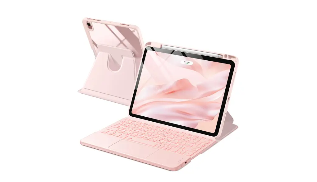 HETHOT【TELEC認証取得済み】 iPad キーボード付きケース - iPad Air 11インチ (M3/M2)、第5世代、第4世代 対応 JIS日本語配列 360 度回転 軽量・全面保護 防汚材質 静音キー7 色レインボーバックライト 2台のiOSデバイス切り替え可能 省エネ キーボード付きケース Type - C 充電