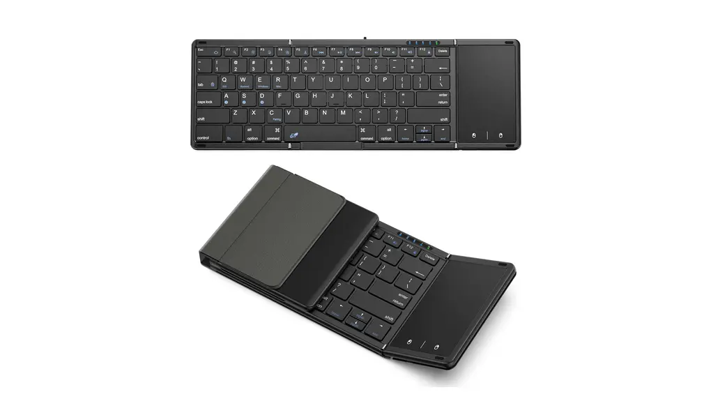 Omikamo キーボード ワイヤレス 折り畳み式 ipad キーボード Bluetooth タッチパッド付き 英語配列 フルサイズ 無線 マルチペアリング Android/iOS/Windows/Mac/Google対応 USB-C充電式 パンタグラフ 薄型 軽量 コンパクト 持ち運び 日本語説明書付