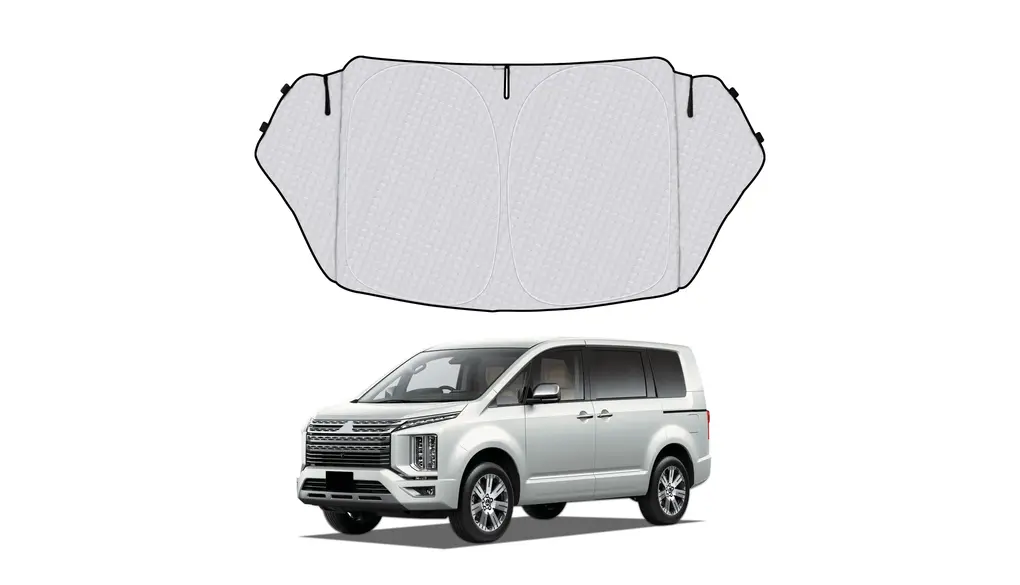新型 三菱 デリカ D5 D:5 サンシェード DELICA D5 D:5 車種専用 フロントガラス用 サンシェード カーシェード シェードカーテン UVカット 日よけ 遮光 断熱 マルチサンシェード 紫外線カット 高密度生地 日差し 折り畳み式 車中泊 プライバシー保護 アクセサリー カスタム パーツ（フロント&三角ガラス一体式）