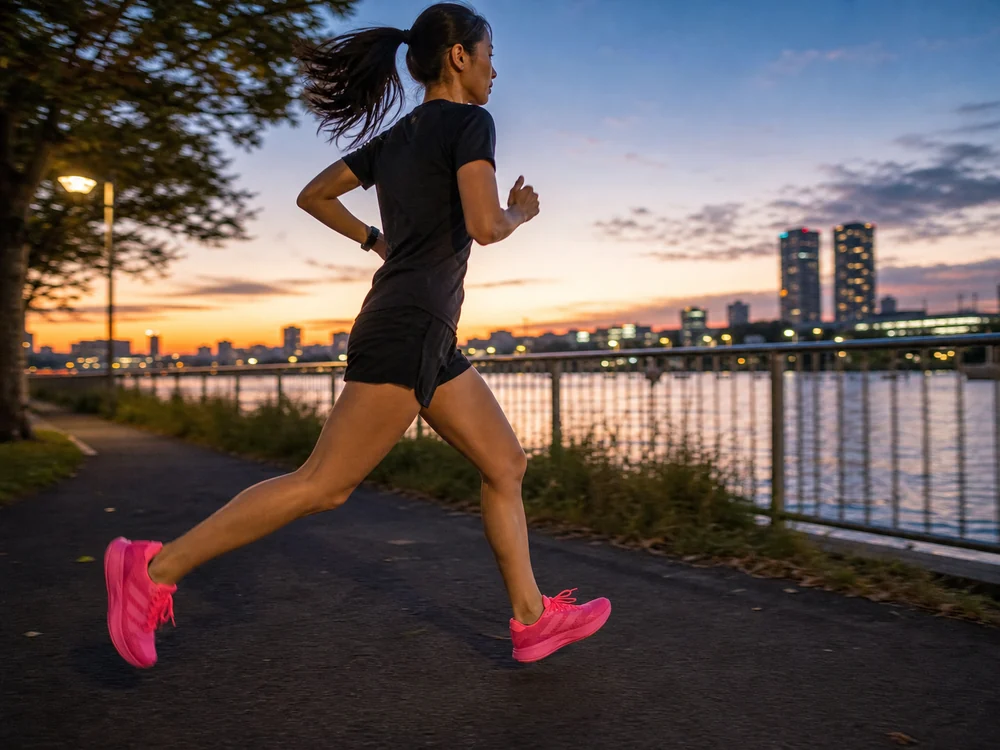夕方のランニングコースをピンクのランニングシューズで走るランナー