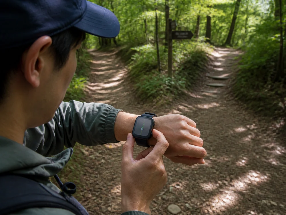 分かれ道のあるトレイルでAmazfit Bip 6風のスマートウォッチを見て進路を確認するイメージ