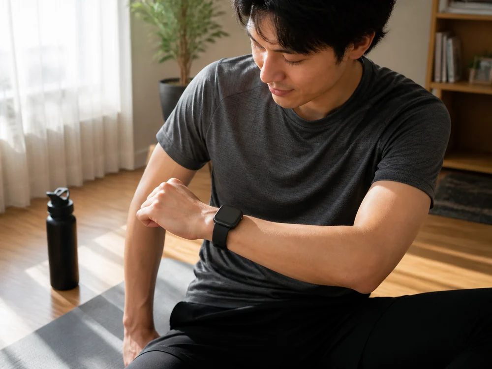 朝の軽い運動前にAmazfit Bip 6風のスマートウォッチを確認するイメージ