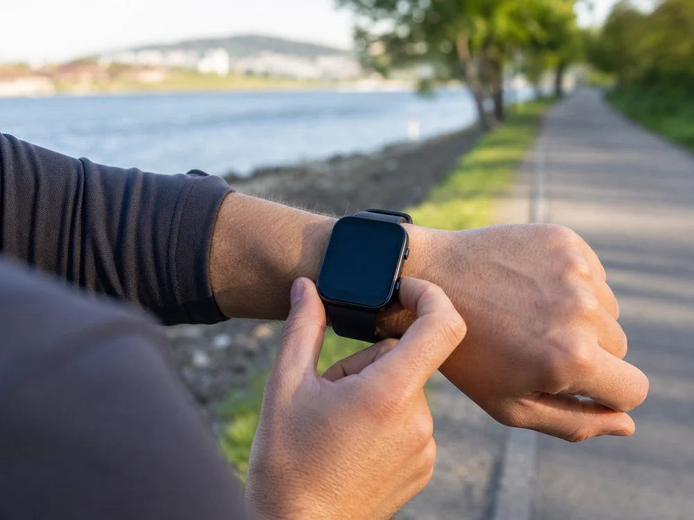 屋外のランニング中にAmazfit Bip 6風のスマートウォッチを確認するイメージ