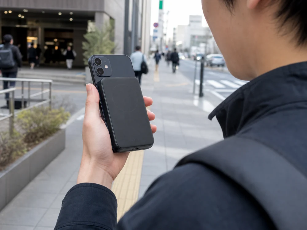 Ankerの薄型マグネット式モバイルバッテリーをiPhoneに装着して屋外で使うイメージ