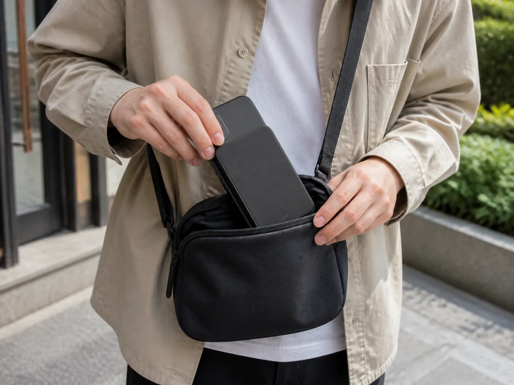 Ankerの薄型マグネット式モバイルバッテリーを小さなバッグから取り出すイメージ
