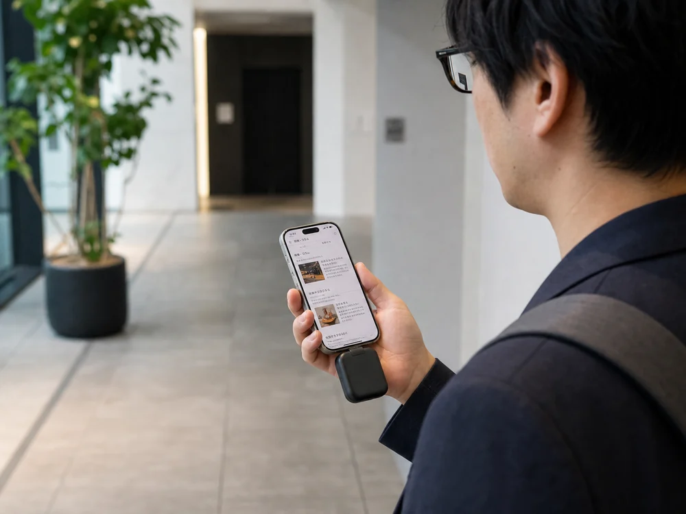 ロビーでケース付きスマートフォンに小型モバイルバッテリーを直挿しして使う様子