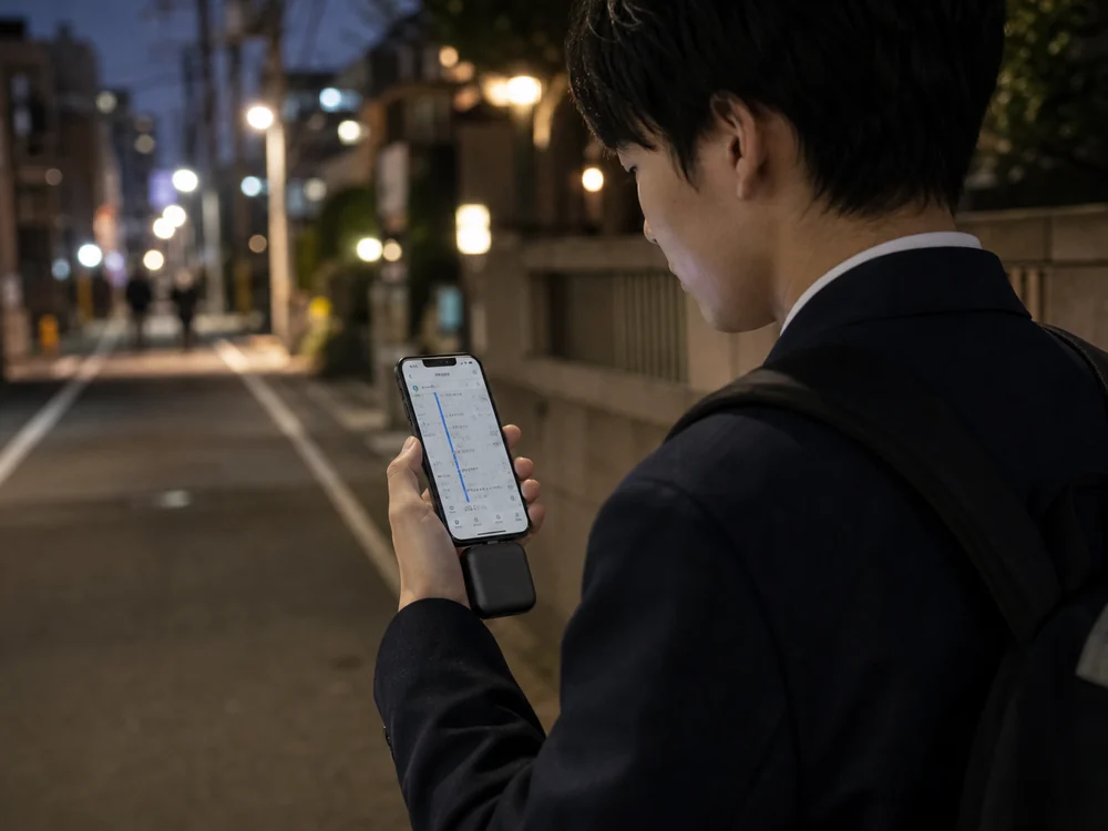 夜道でスマートフォンに直挿しした小型モバイルバッテリーを使う様子