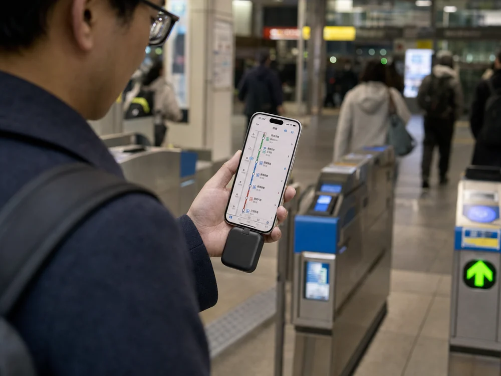 駅改札付近でスマートフォンに直挿しした小型モバイルバッテリーを使う様子