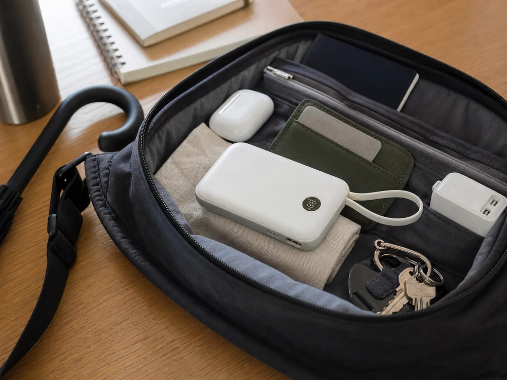ポーチに収まった白い薄型モバイルバッテリーと持ち歩き小物