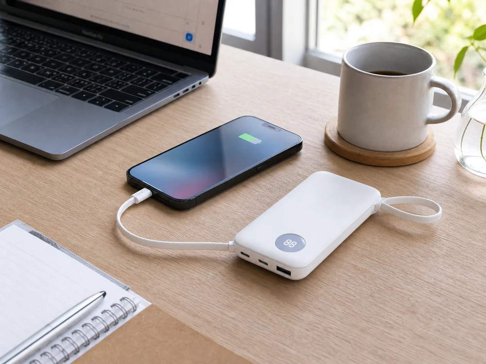 デスクでスマートフォンを充電する白い薄型モバイルバッテリー