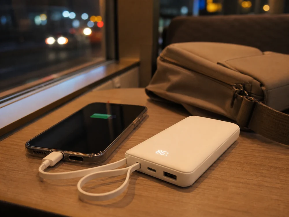 外出先でスマートフォンを充電する白い薄型モバイルバッテリー