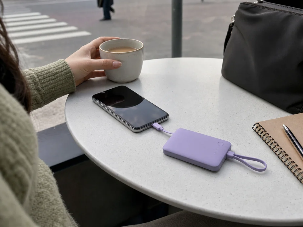 カフェのテーブルでスマートフォンを充電する薄型パープルのモバイルバッテリー