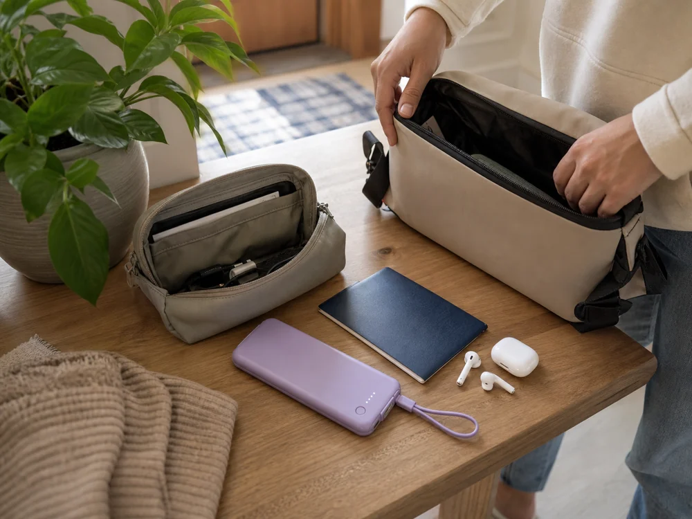 外出前のポーチと一緒に置かれた薄型パープルのモバイルバッテリー
