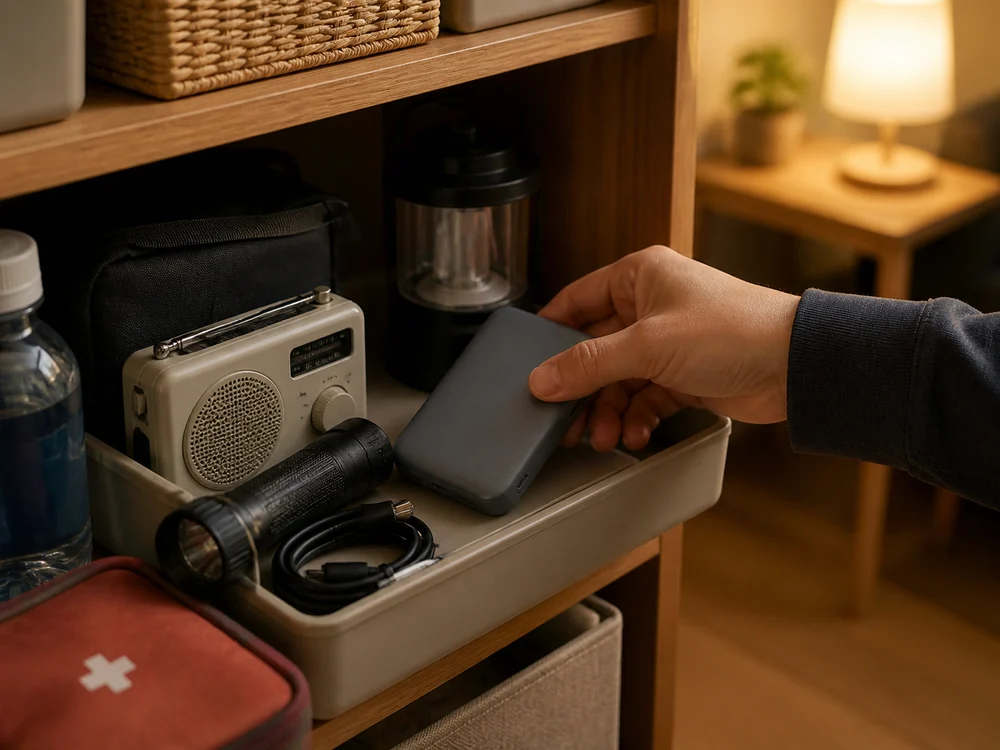 防災用品と一緒に保管されたグレーのMagSafe対応モバイルバッテリー