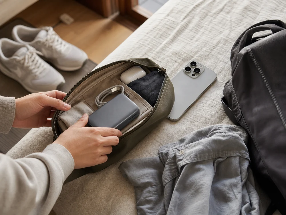 ポーチに入れて持ち歩くグレーのMagSafe対応モバイルバッテリーとスマホの準備風景