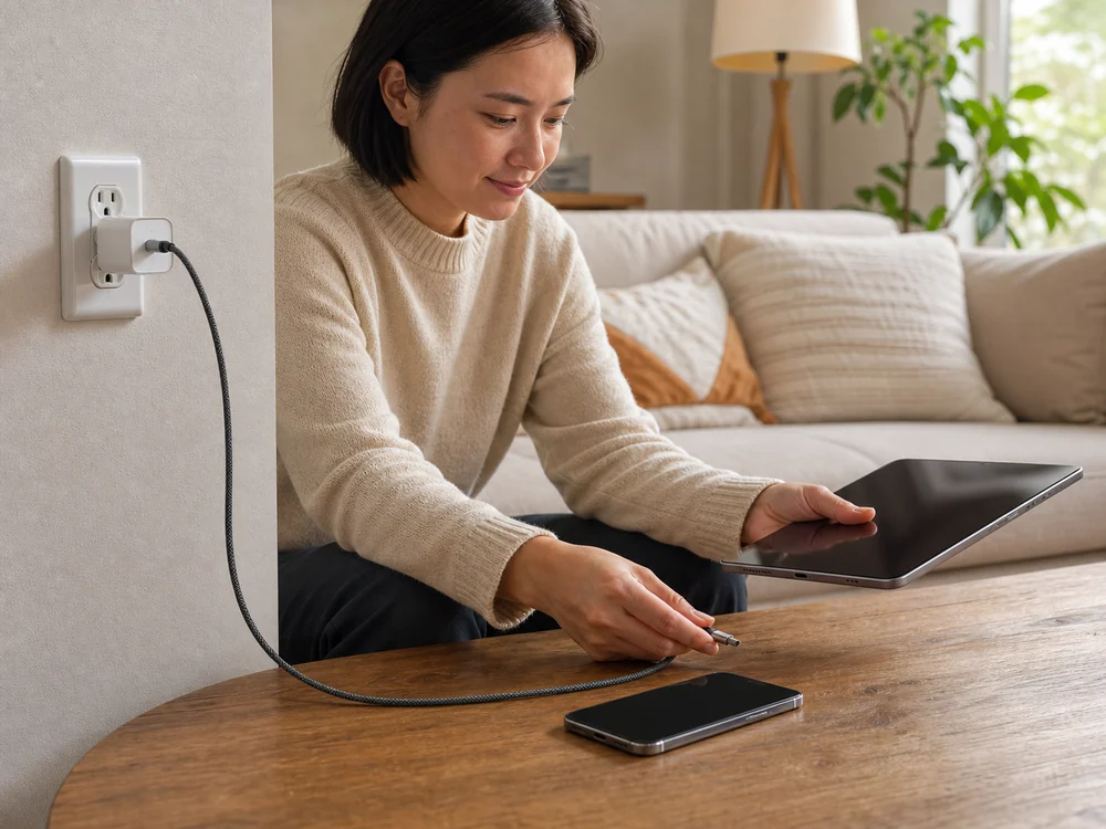 スマホとタブレットを同じUSB-Cケーブルで使い分ける様子