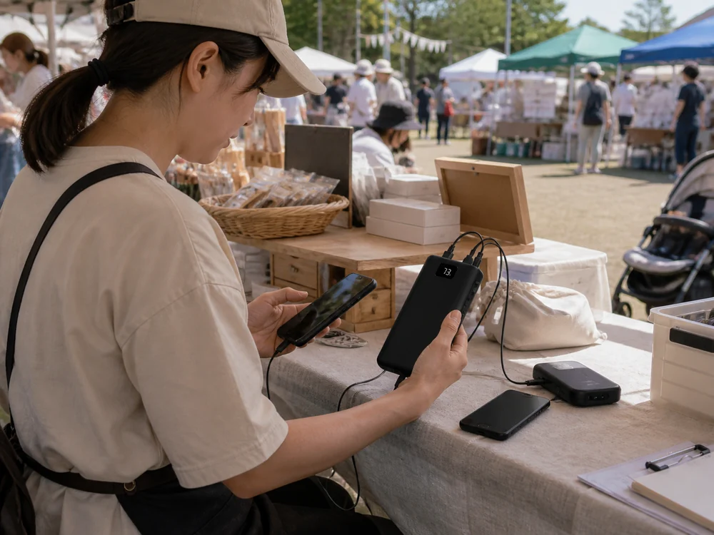 屋外イベントで複数端末を維持する大容量モバイルバッテリーの使用イメージ