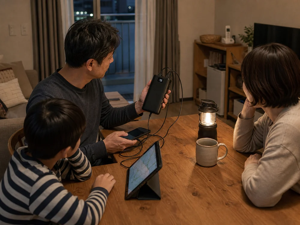 停電時にスマートフォンとタブレットを支える大容量モバイルバッテリーの使用イメージ