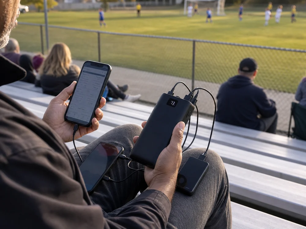試合観戦中に複数端末を充電する大容量モバイルバッテリーの使用イメージ