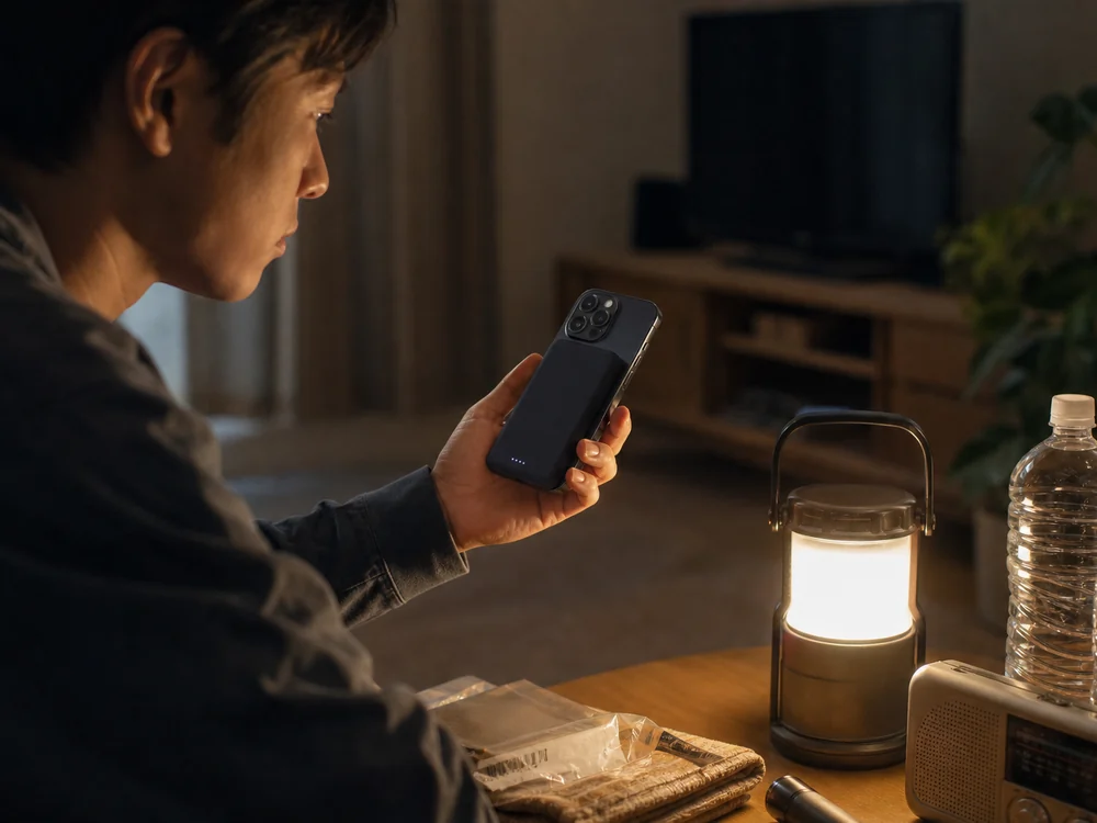 自宅で非常時の備えとして使うCHUSII系MagSafe対応モバイルバッテリーのイメージ