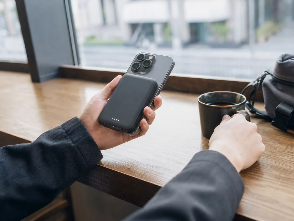 カフェでスマホに装着して使うCHUSII系MagSafe対応モバイルバッテリーの利用イメージ