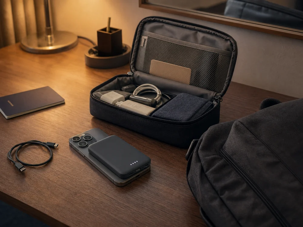 旅行ポーチと一緒に持ち運ぶCHUSII系MagSafe対応モバイルバッテリーのイメージ