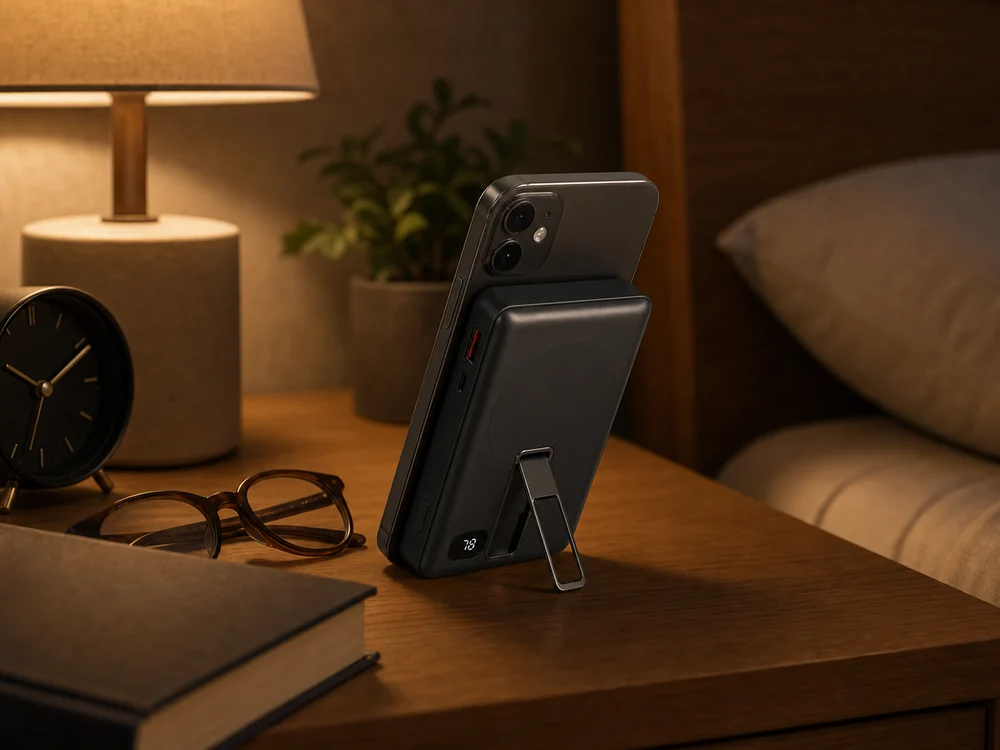 ベッドサイドでスマホを立てて充電できるMagSafe対応モバイルバッテリーのイメージ