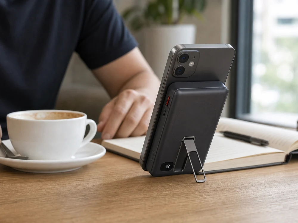 机の上でスマホに装着してスタンド表示しながら充電するMagSafe対応モバイルバッテリーのイメージ