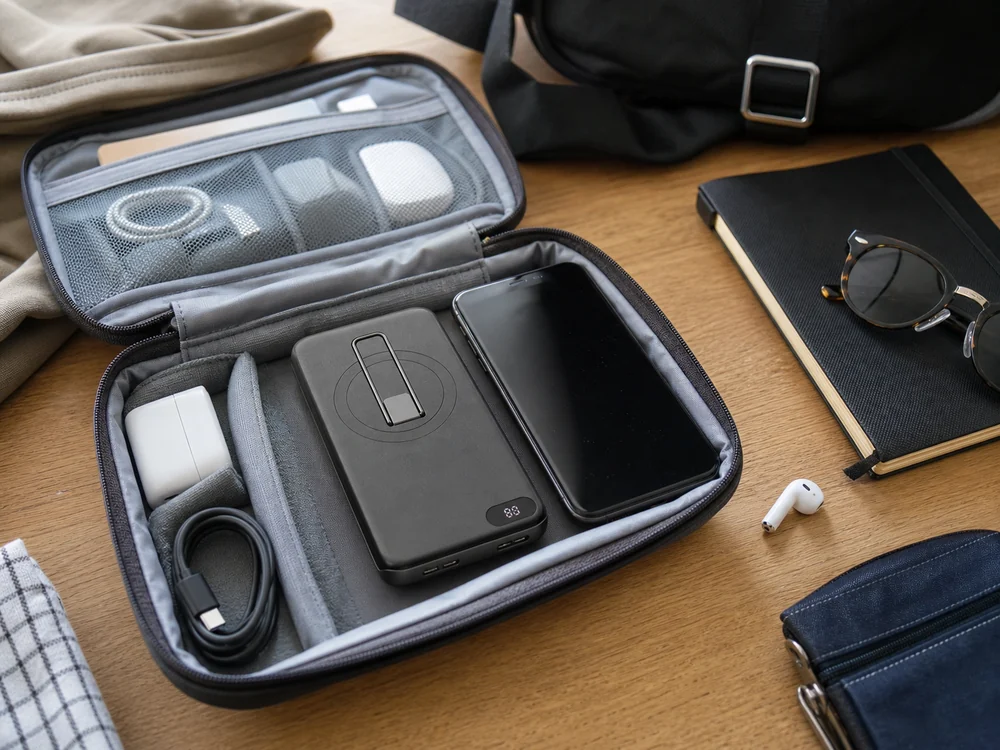 ポーチにスマホやケーブルとまとめて持ち運ぶMagSafe対応モバイルバッテリーのイメージ