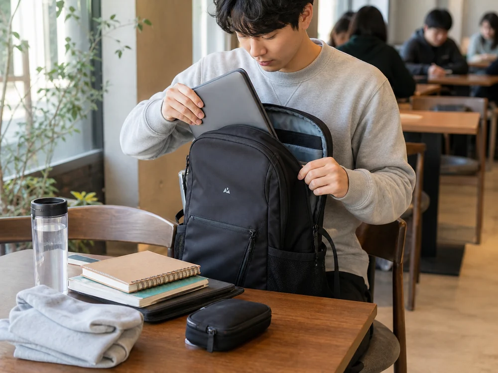 ノートPCや小物を黒のリュックへ整理して入れる使用イメージ