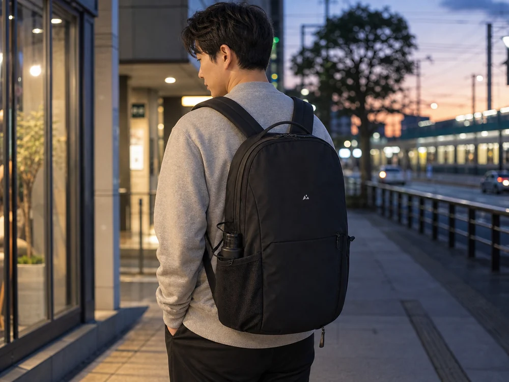 黒のデイリーリュックを普段着で自然に使う夕方のイメージ