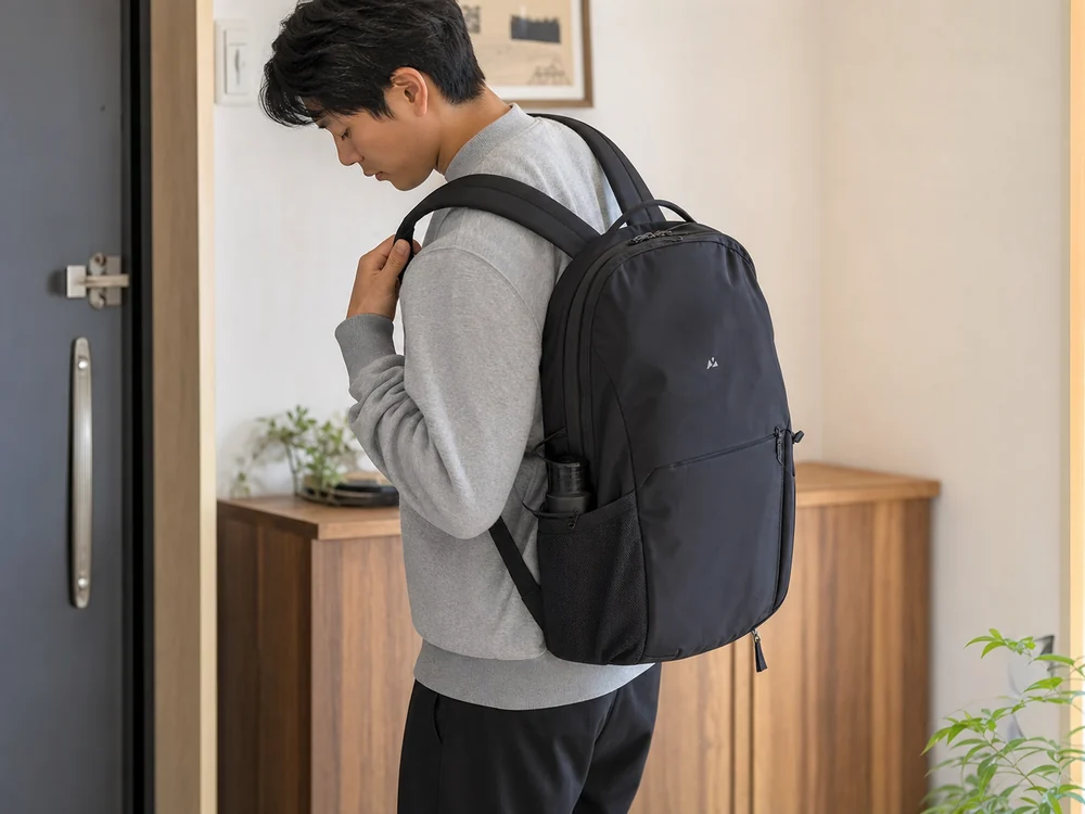 黒のデイリーリュックを背負って外出する朝の使用イメージ