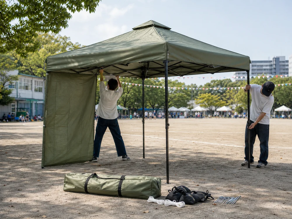 公園で設営中のグリーンのタープテント