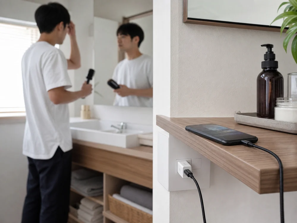 洗面台近くでスマホをUSB-C充電する黒い編み込みケーブルの使用イメージ