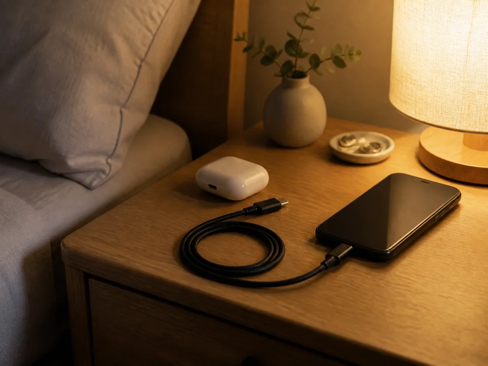 ベッドサイドでスマホとイヤホンを充電準備する黒い編み込みケーブルの使用イメージ