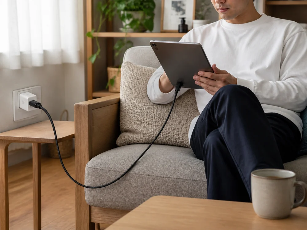 ソファ横でタブレットをUSB-C充電する黒い編み込みケーブルの使用イメージ