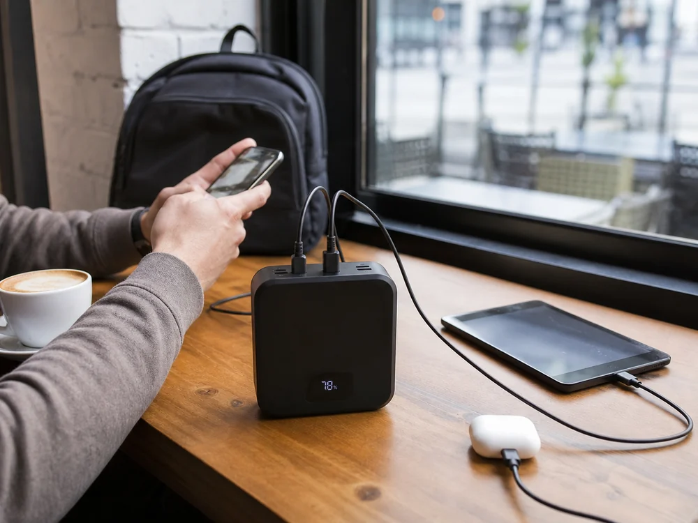 外出先で複数端末をまとめて充電する大容量モバイルバッテリーの使用イメージ