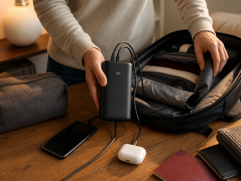 旅行前の荷造り中にスマホとイヤホンを充電する大容量モバイルバッテリーの使用イメージ