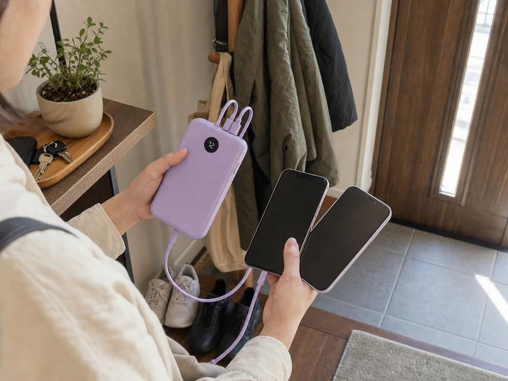内蔵ケーブルと残量表示が分かる紫系モバイルバッテリーを玄関で確認する利用シーン