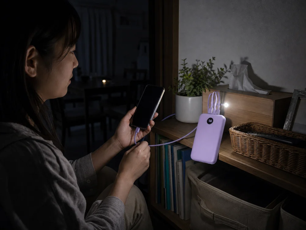 紫系モバイルバッテリーのライトと給電を停電時に使う利用シーン