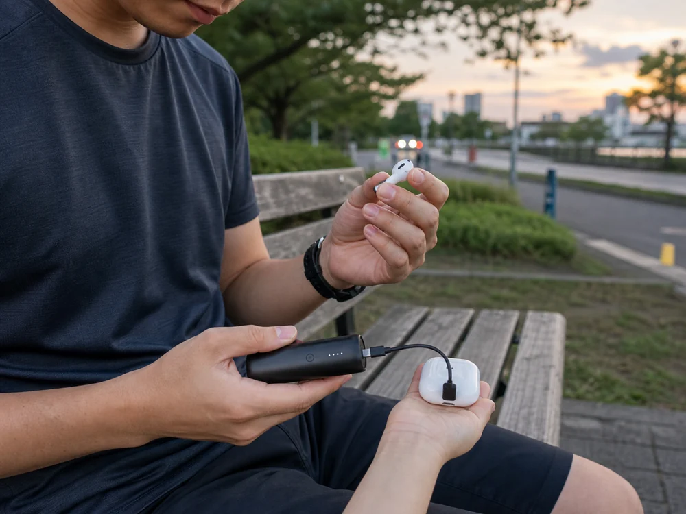 ベンチでワイヤレスイヤホンケースを小型モバイルバッテリーで充電するシーン