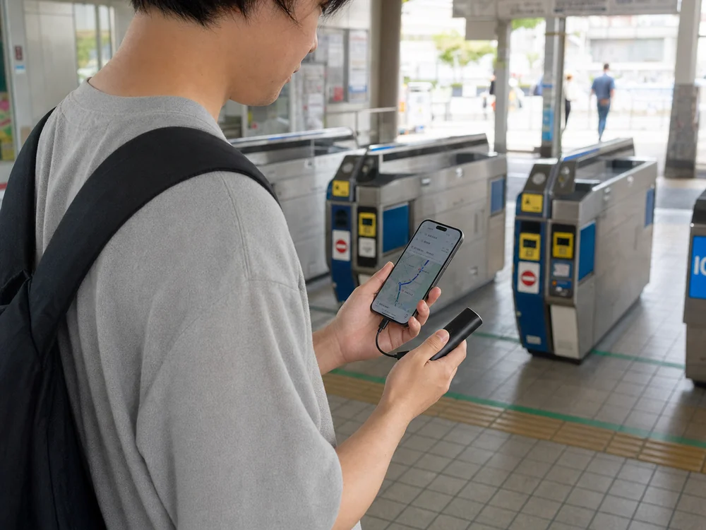 駅の改札付近で小型モバイルバッテリーからスマートフォンを継ぎ足し充電するシーン